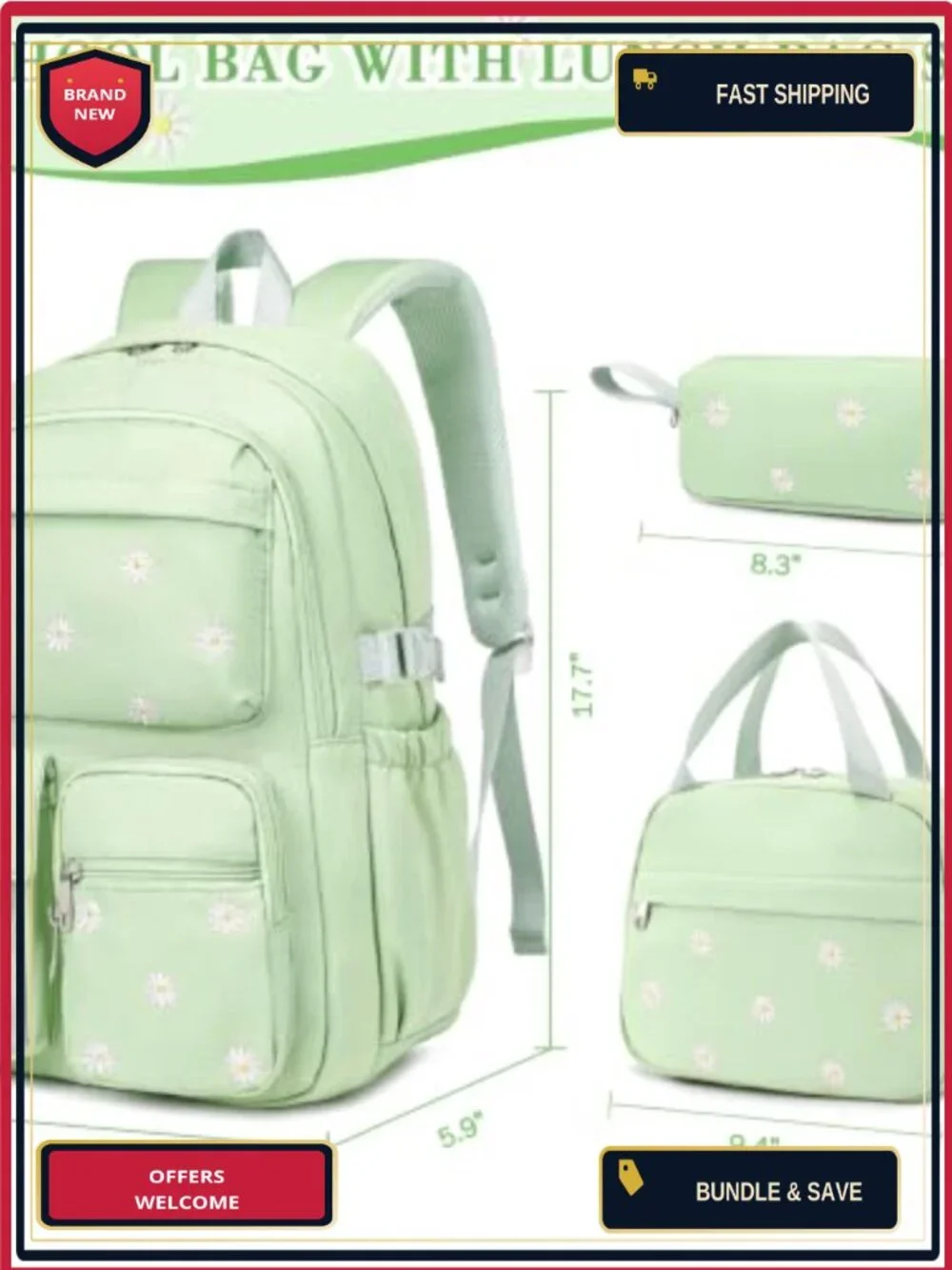 3PCS Girls Backpack Set with Lunch Bag and Pencil Case, Embroidered Floral,